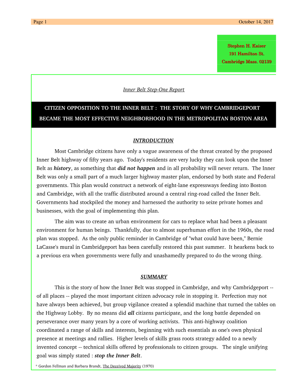 Citizen Opposition to the Inner Belt : the Story of Why Cambridgeport Became the Most Effective Neighborhood in the Metropolitan Boston Area