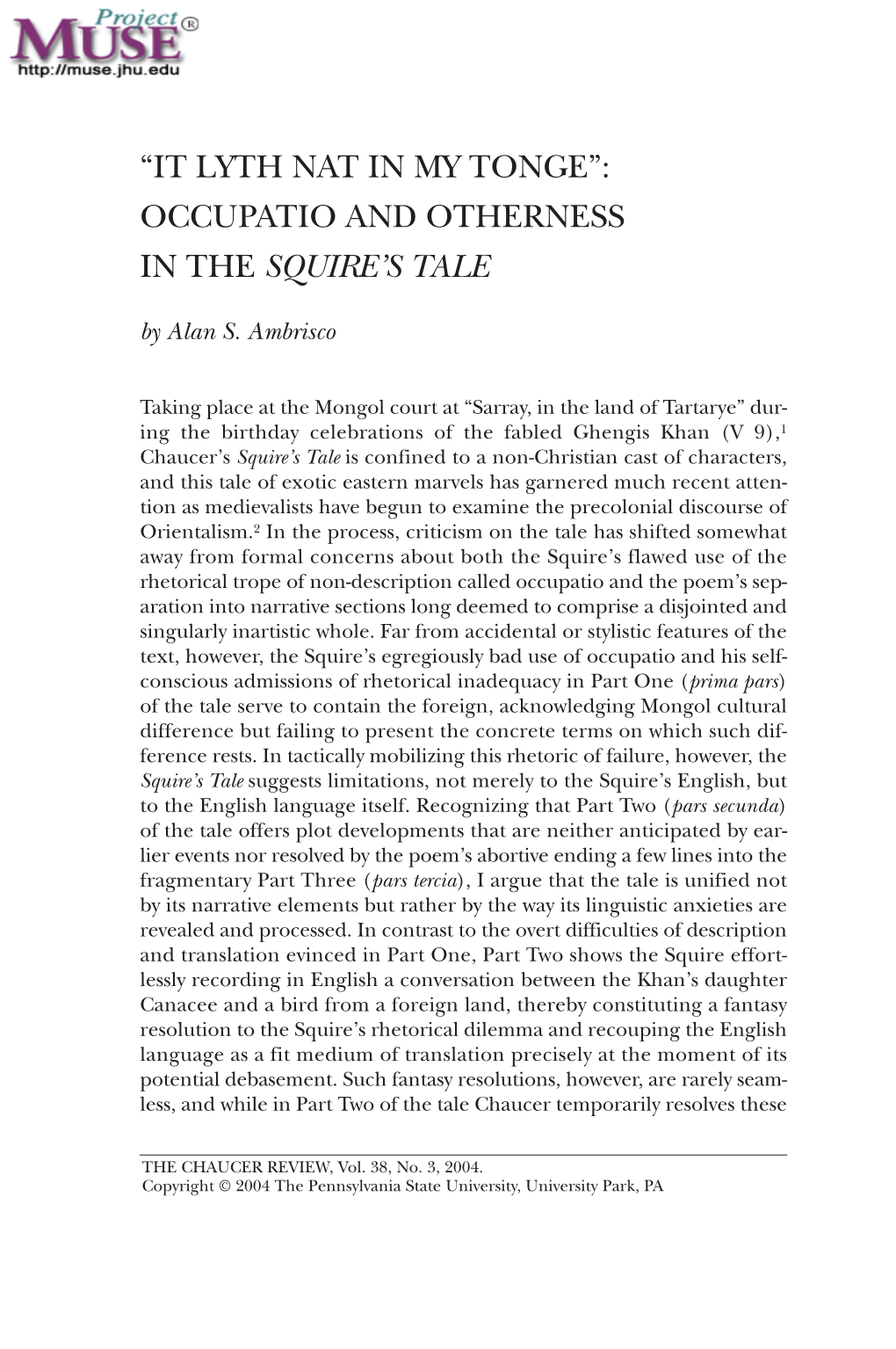 Occupatio and Otherness in the Squire's Tale