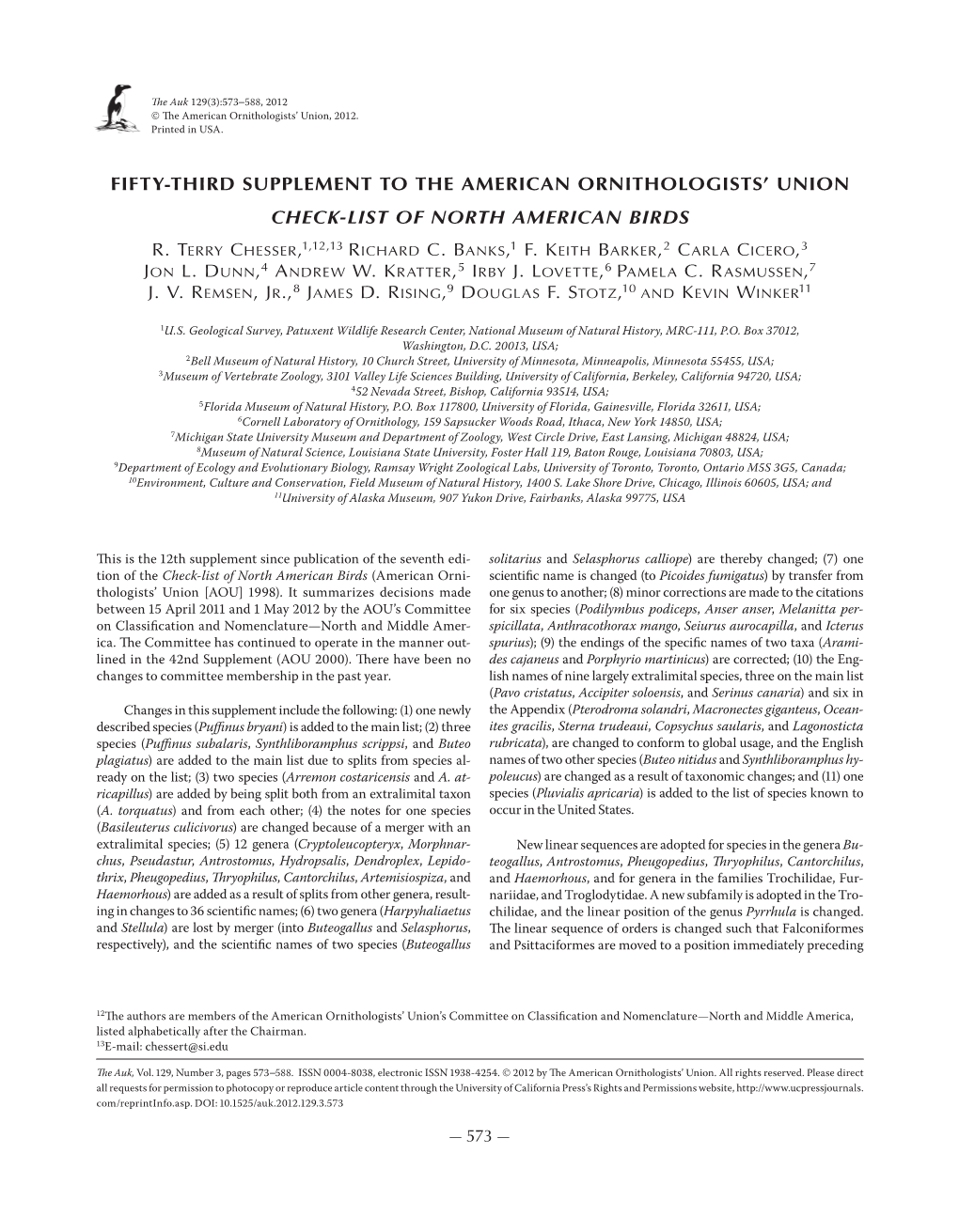 Fifty-Third Supplement to the American Ornithologists' Union Check-List of North American Birds