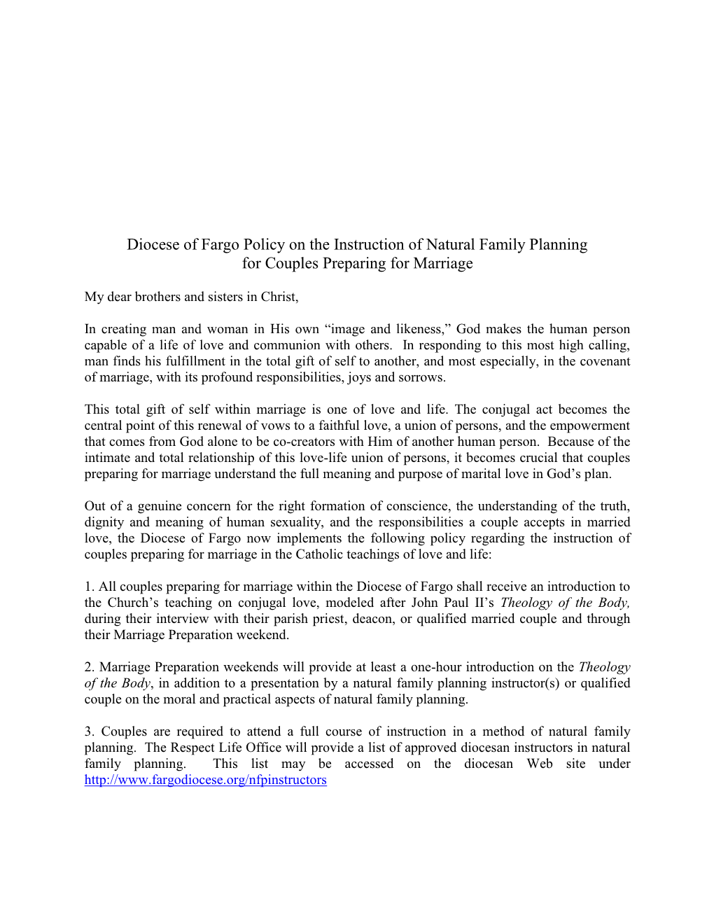 Policy on the Instruction of Natural Family Planning for Couples Preparing for Marriage