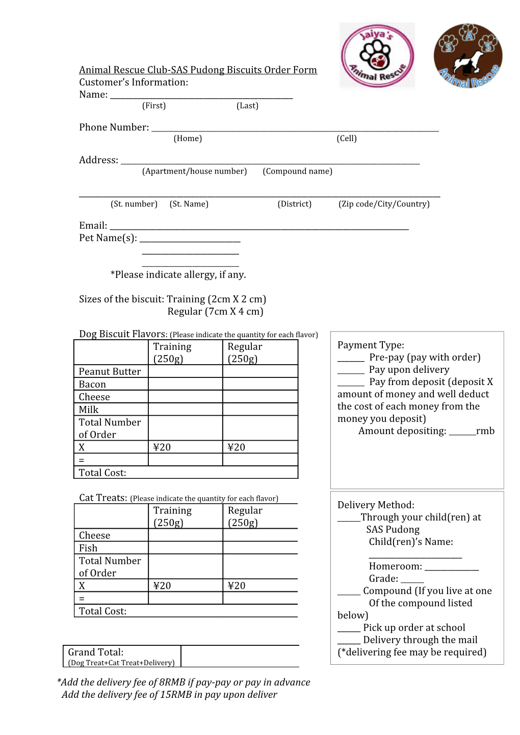 Animal Rescue Club-SAS Pudong Biscuits Order Form