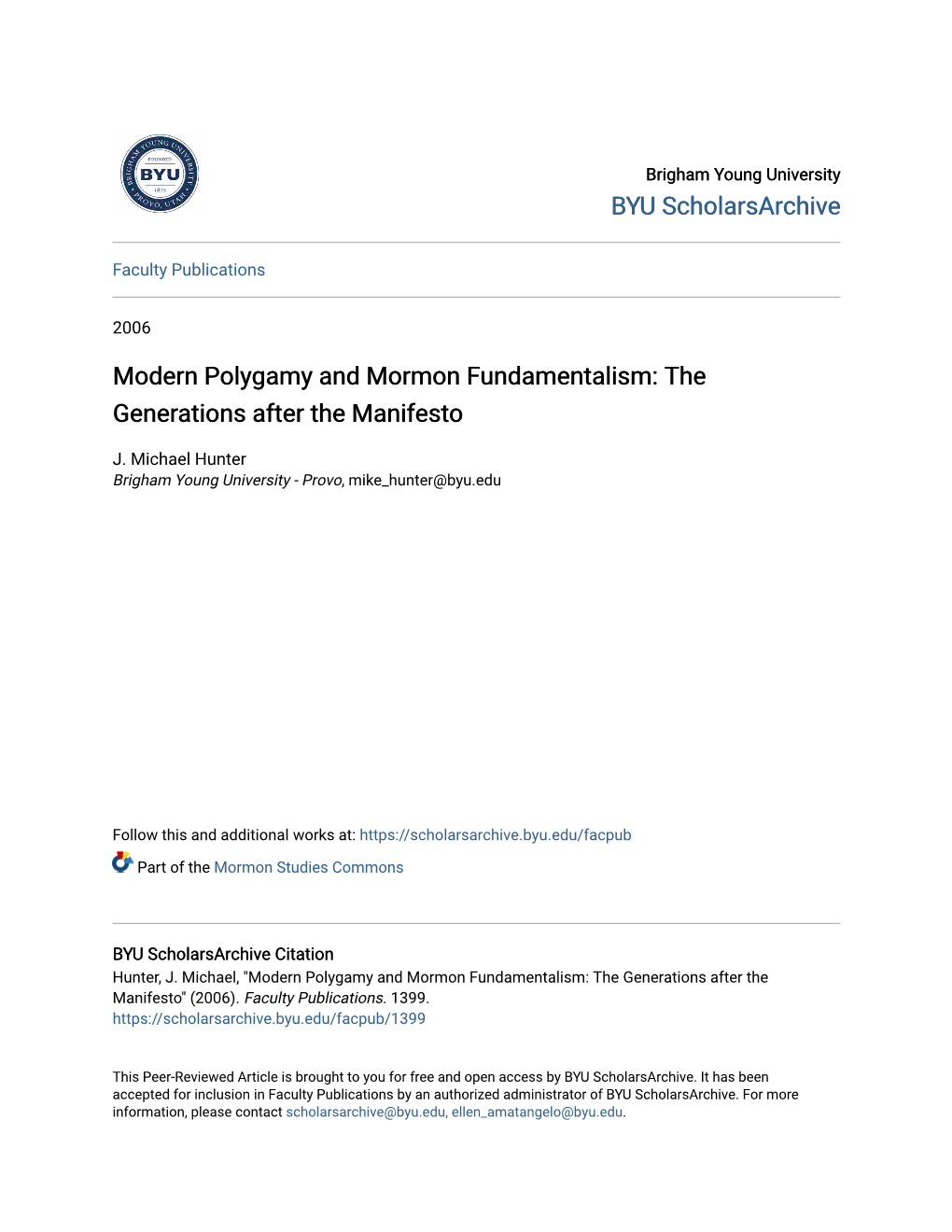 Modern Polygamy and Mormon Fundamentalism: the Generations After the Manifesto