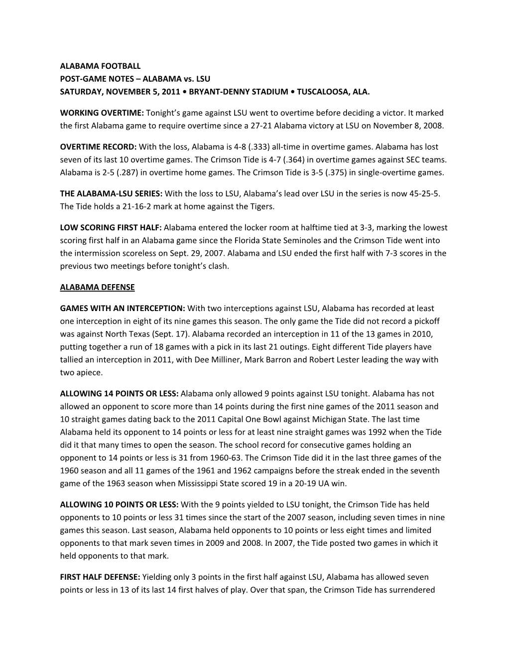 Alabama Football Post-Game Notes