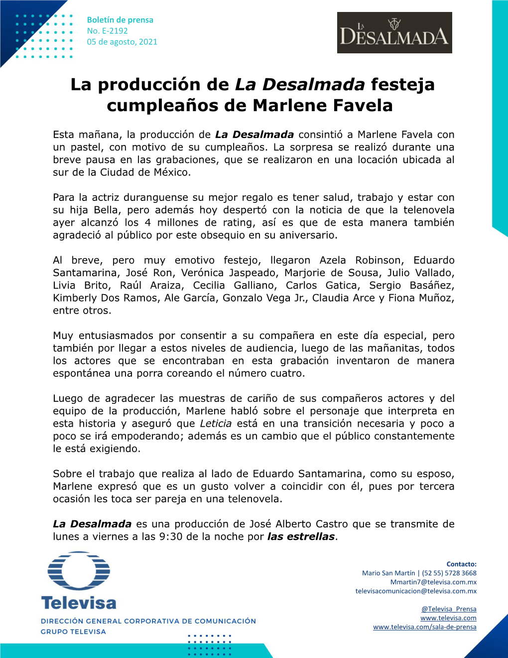 La Producción De La Desalmada Festeja Cumpleaños De Marlene Favela