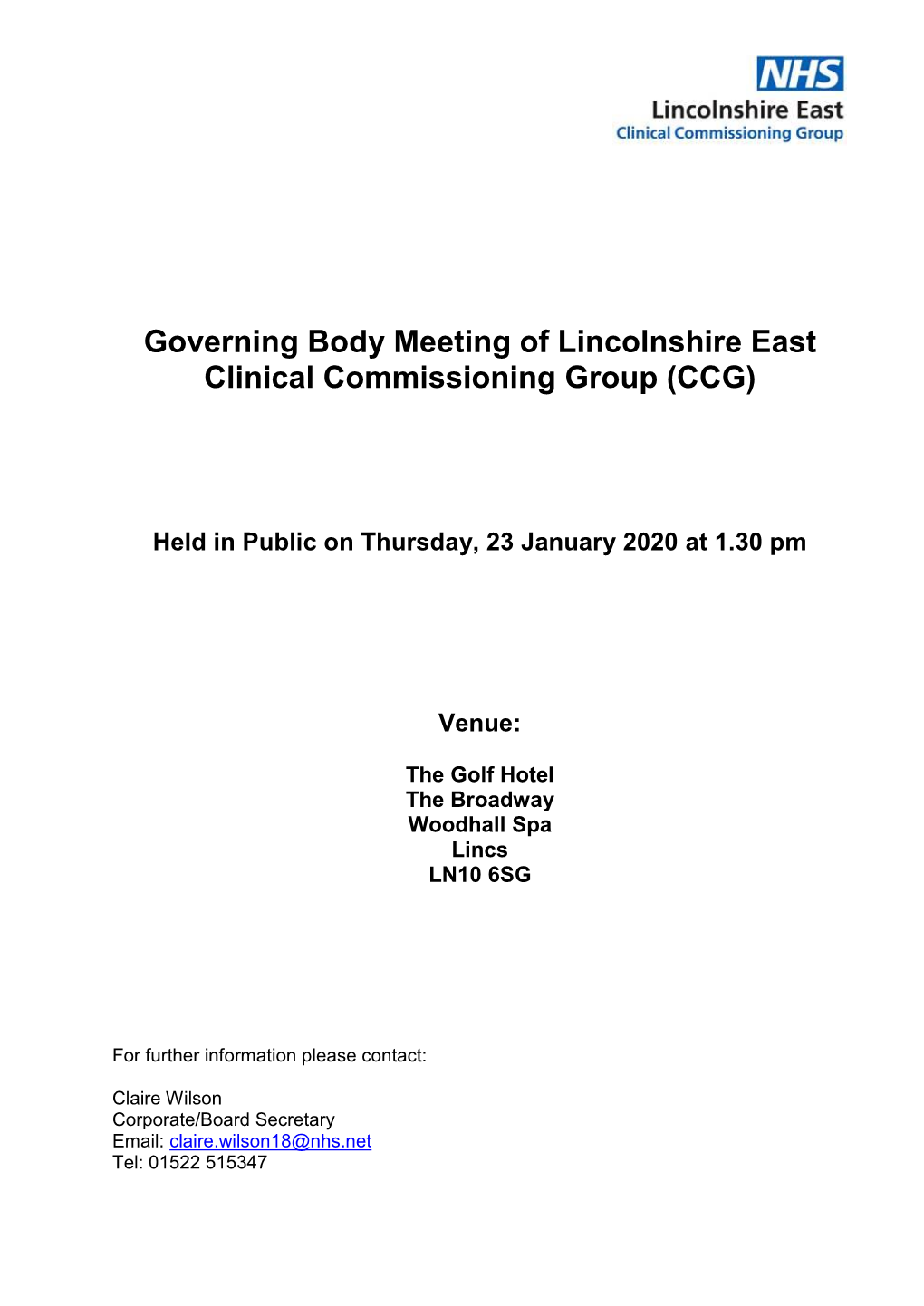Governing Body Meeting of Lincolnshire East Clinical Commissioning Group (CCG)