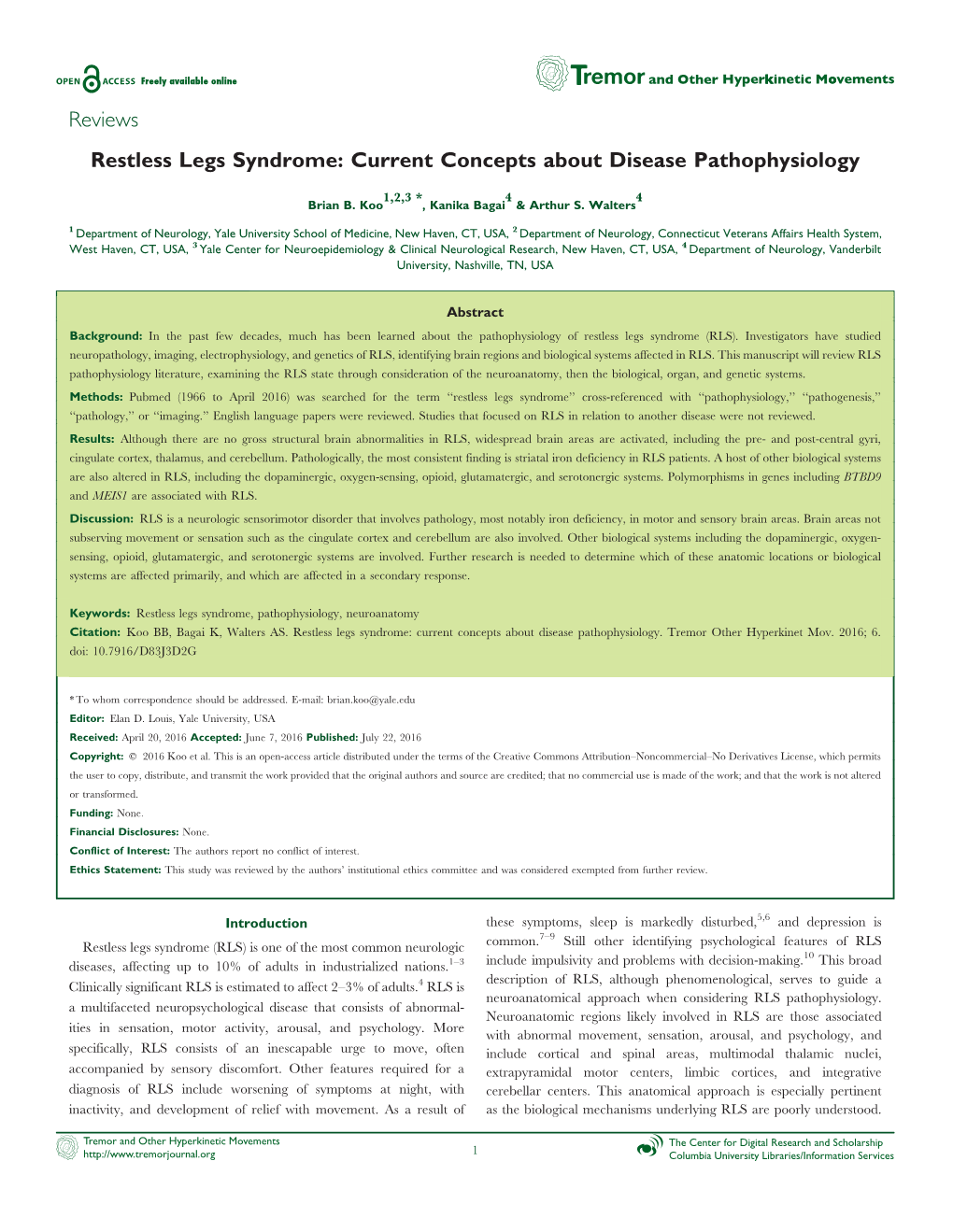 Reviews Restless Legs Syndrome: Current Concepts About Disease Pathophysiology