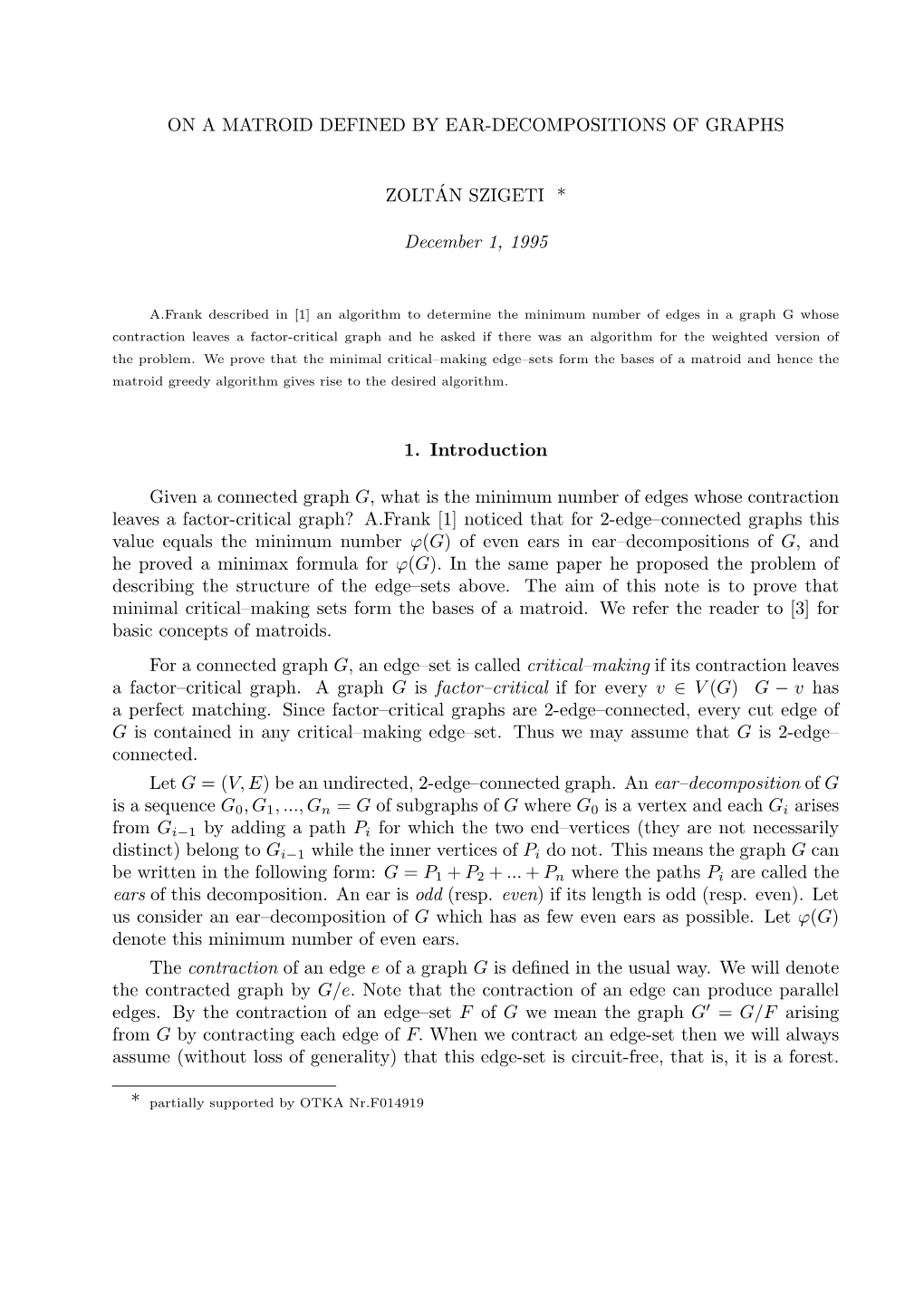 On a Matroid Defined by Ear-Decompositions of Graphs