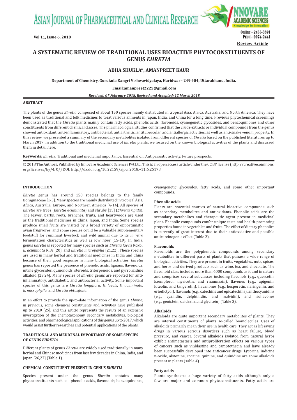 A Systematic Review of Traditional Uses Bioactive Phytoconstituents of Genus Ehretia