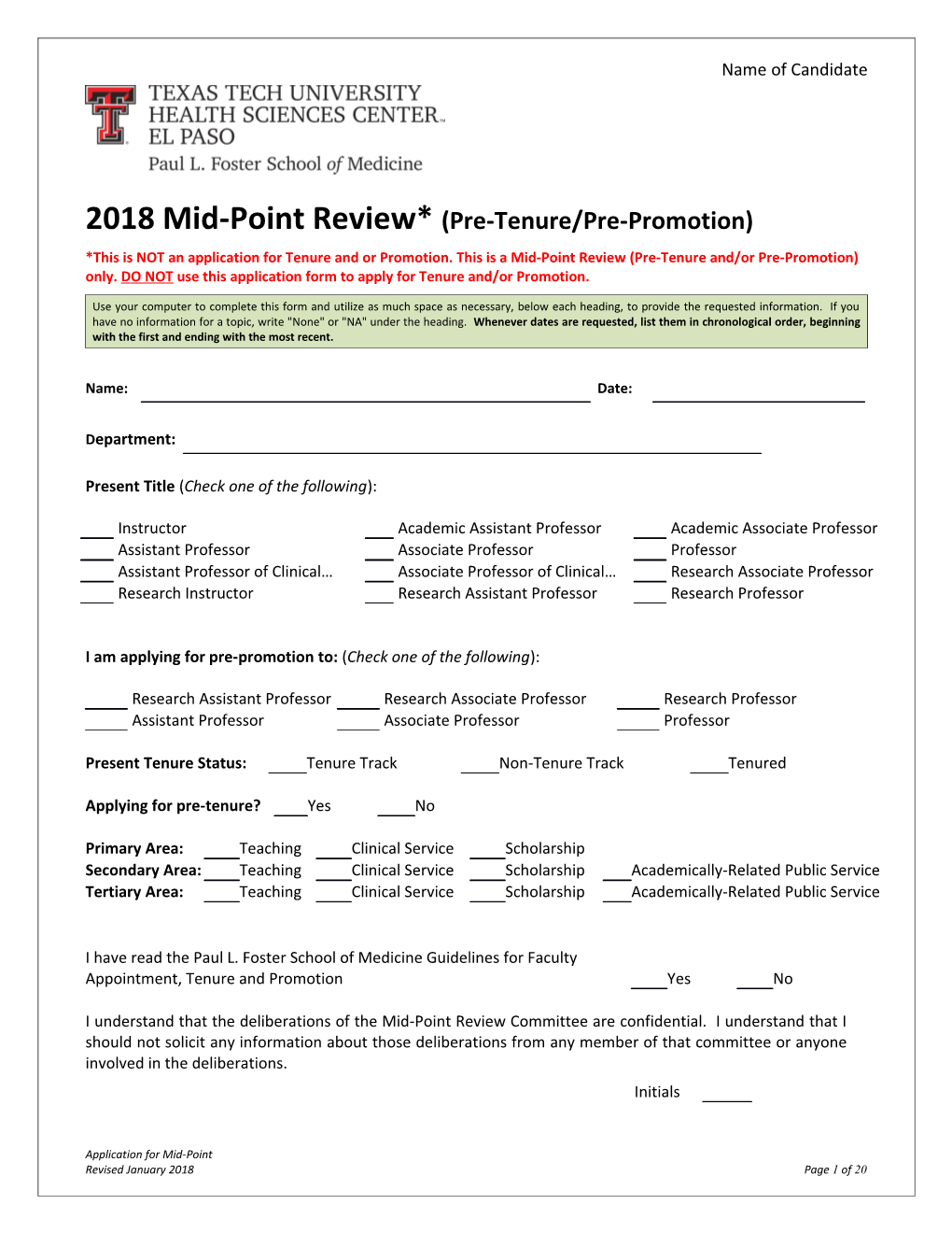 2018 Mid-Point Review* (Pre-Tenure/Pre-Promotion)