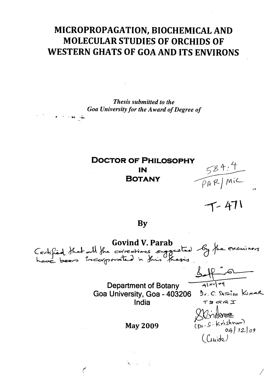 Micropropagation, Biochemical and Molecular Studies of Orchids of Western Ghats of Goa and Its Environs