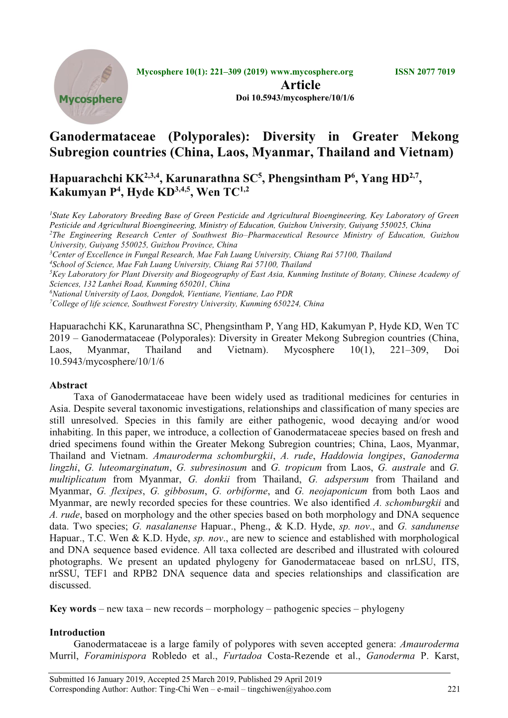 Ganodermataceae (Polyporales): Diversity in Greater Mekong Subregion Countries (China, Laos, Myanmar, Thailand and Vietnam)