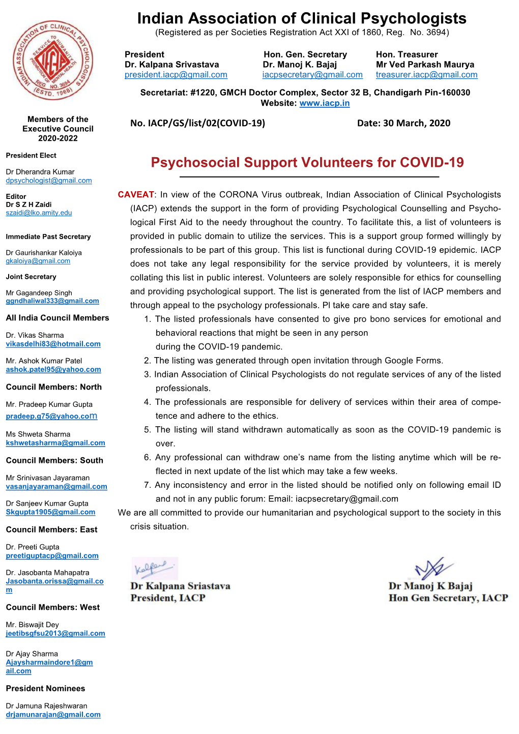 Indian Association of Clinical Psychologists (Registered As Per Societies Registration Act XXI of 1860, Reg