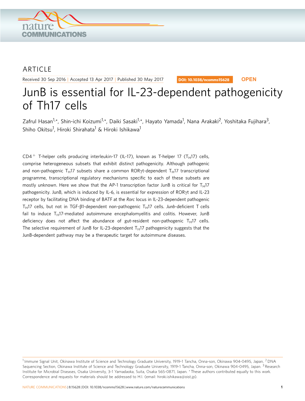 Junb Is Essential for IL-23-Dependent Pathogenicity of Th17 Cells