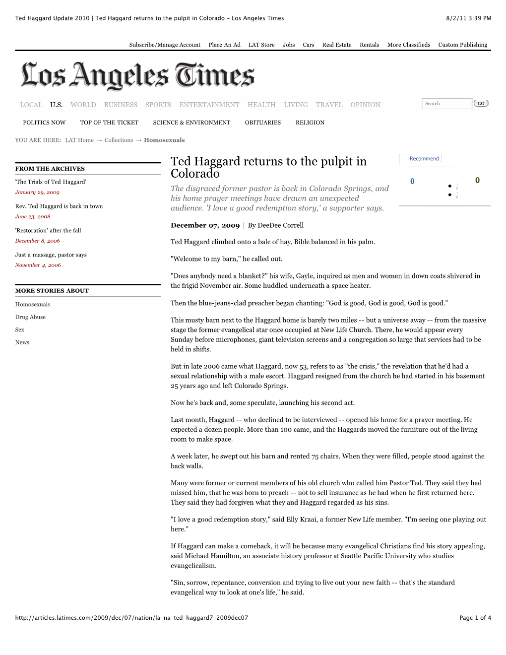 Ted Haggard Returns to the Pulpit in Colorado - Los Angeles Times 8/2/11 3:39 PM