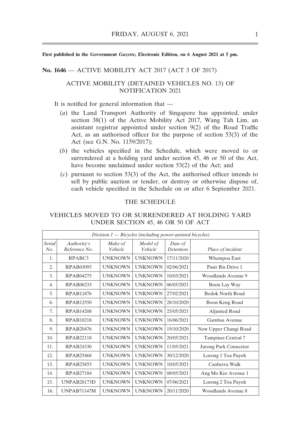 FRIDAY, AUGUST 6, 2021 1 No. 1646 –– ACTIVE MOBILITY ACT 2017