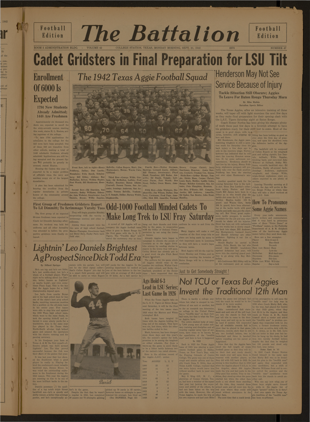 Cadet Gridsters in Final Preparation for LSU Tilt Enrollment the 1942 Texas Aggie Football Squad Henderson May Not See __