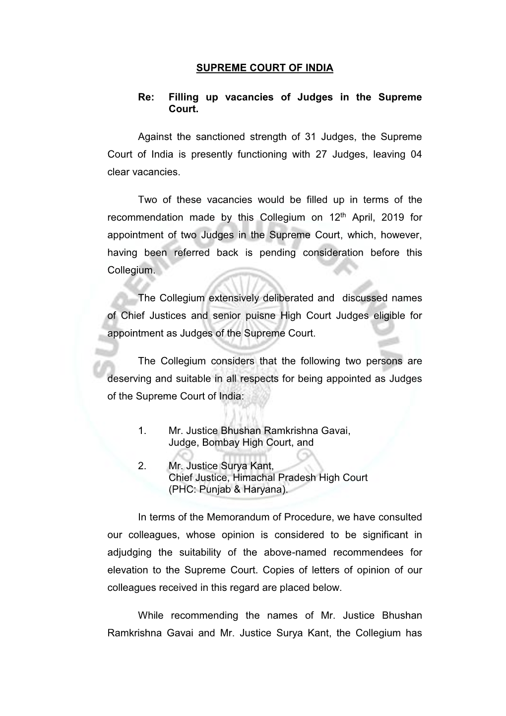 Dated 8Th May, 2019 Reg. Elevation of Judges in the Supreme Court