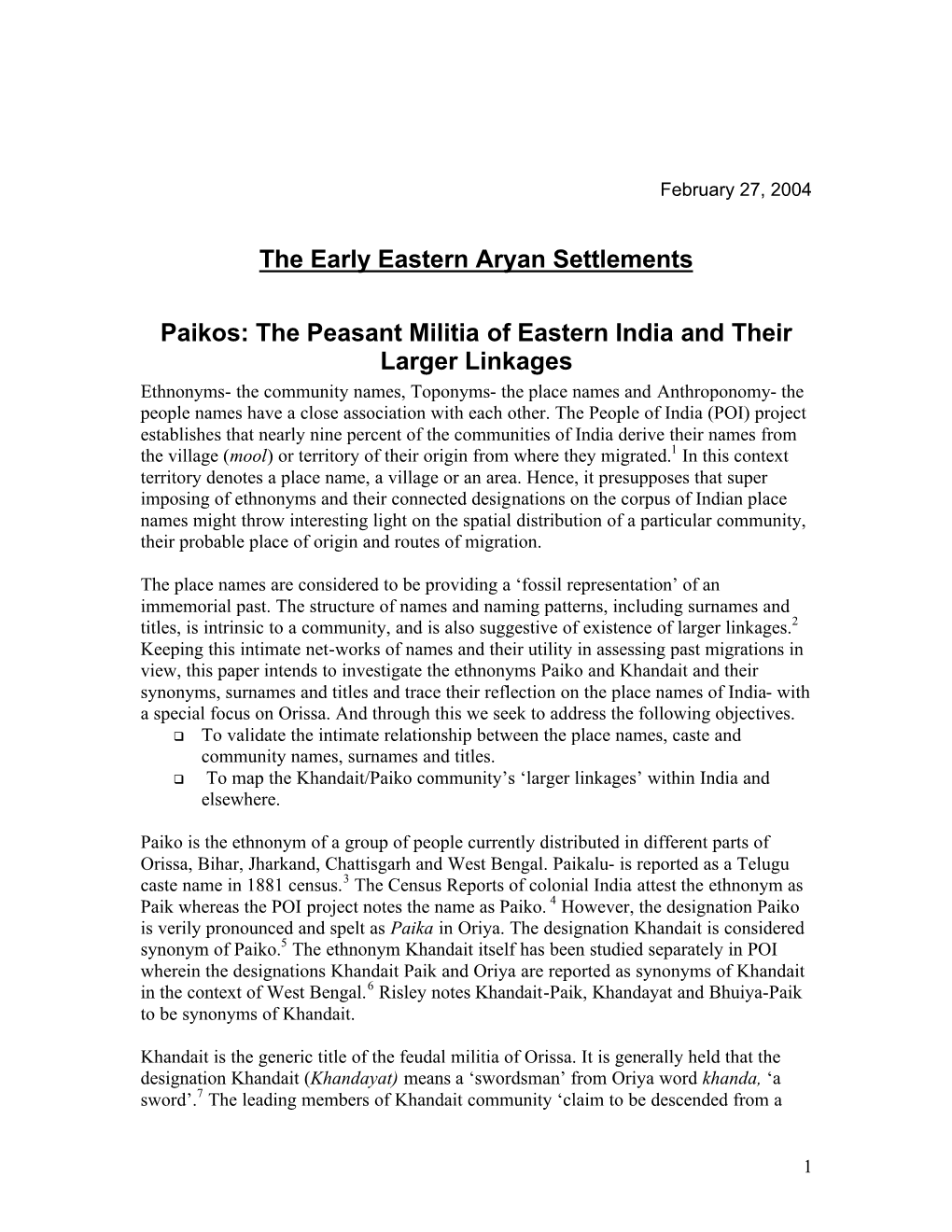 The Early Eastern Aryan Settlements Paikos: the Peasant Militia of Eastern India and Their Larger Linkages