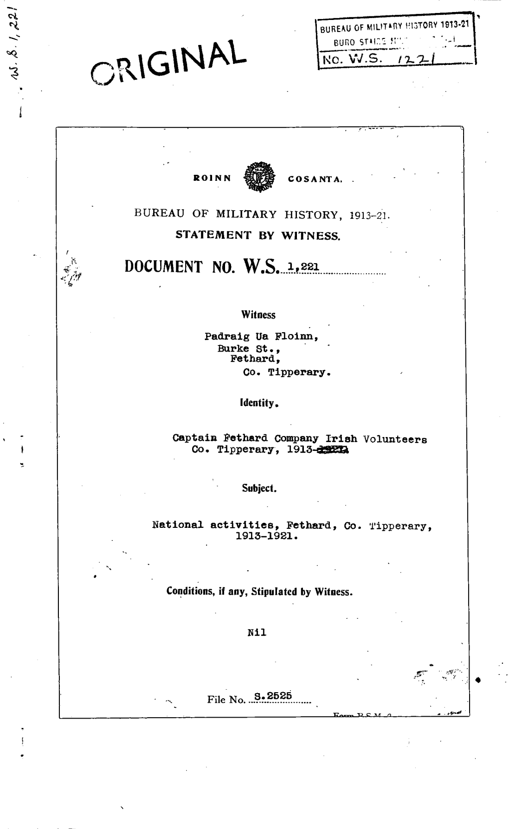 DOCUMENT NO. HISTORY, WITNESS. W.S. 1,221 1913-21. Witness Padraig Ua Floinn, Burke St., Fethard, Co. Tipperary. Identity. Capta