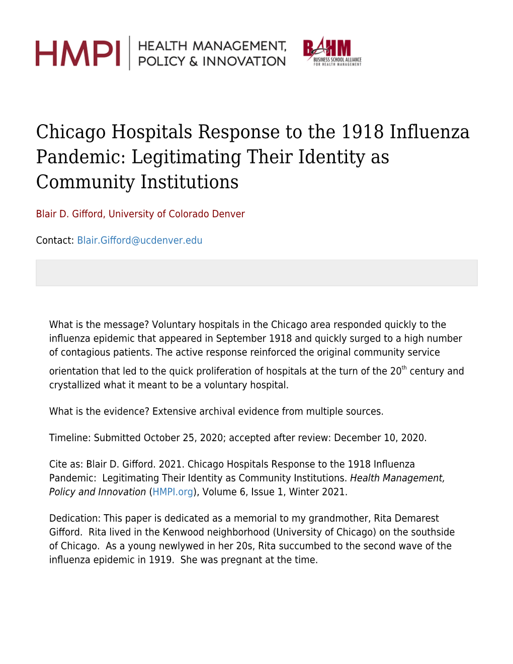 Chicago Hospitals Response to the 1918 Influenza Pandemic: Legitimating Their Identity As Community Institutions