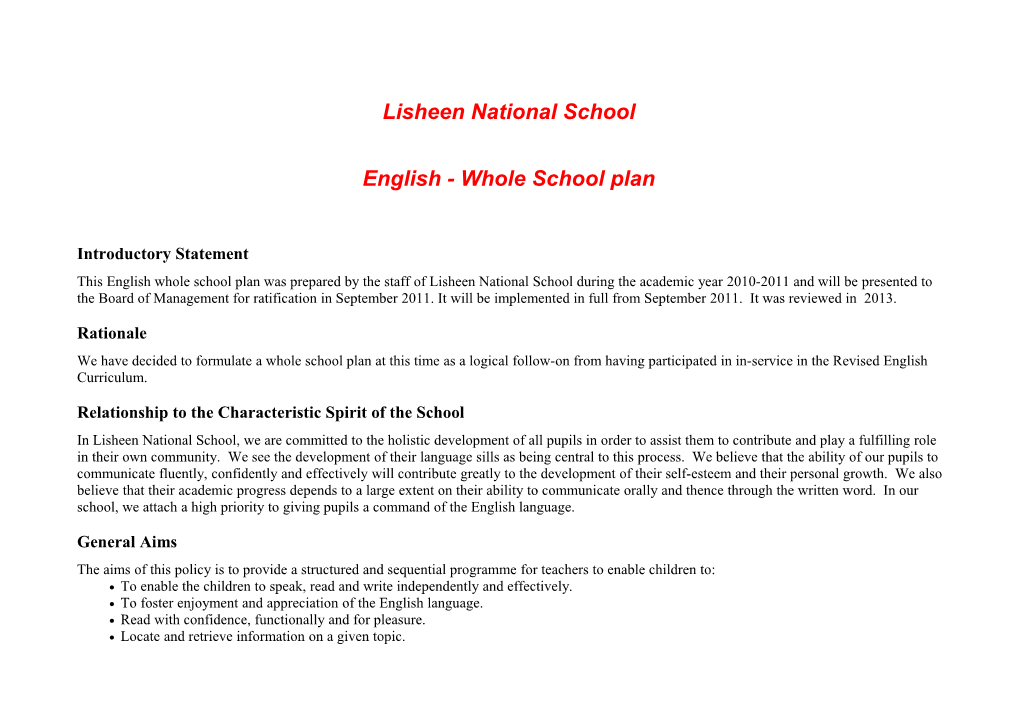 English - Whole School Plan