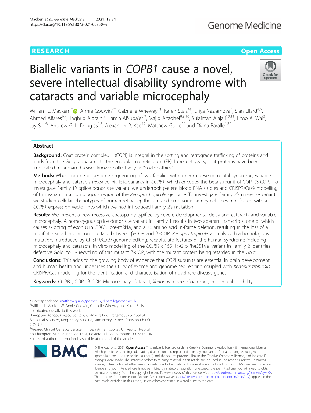 Biallelic Variants in COPB1 Cause a Novel, Severe Intellectual Disability Syndrome with Cataracts and Variable Microcephaly William L