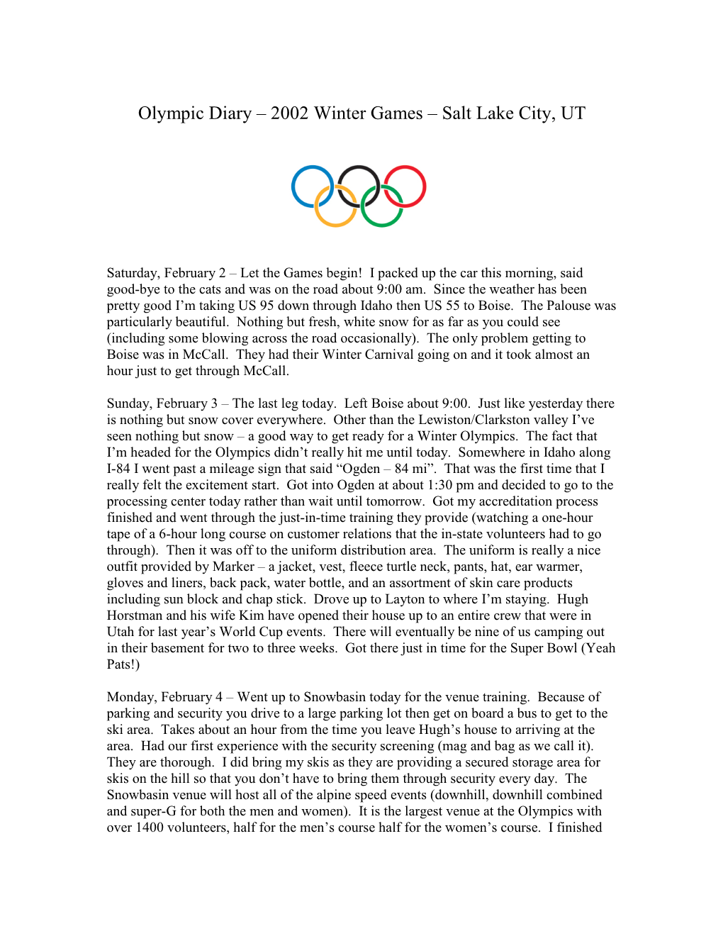 Diary from Working at the Salt Lake City Winter Olympics, 2002