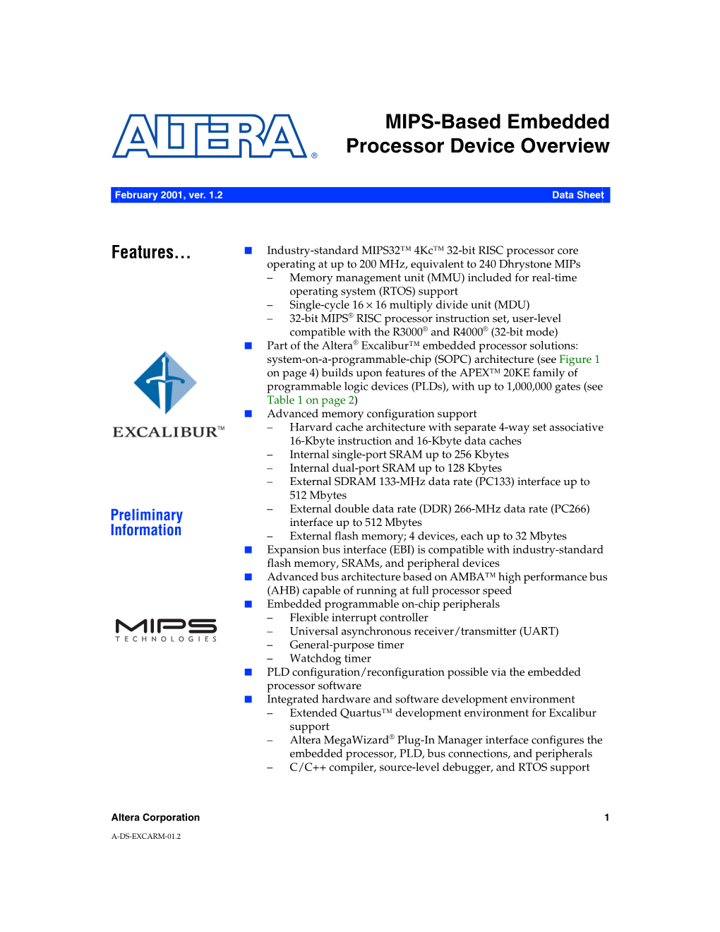 MIPS-Based Embedded Processor Device Overview Preliminary Information