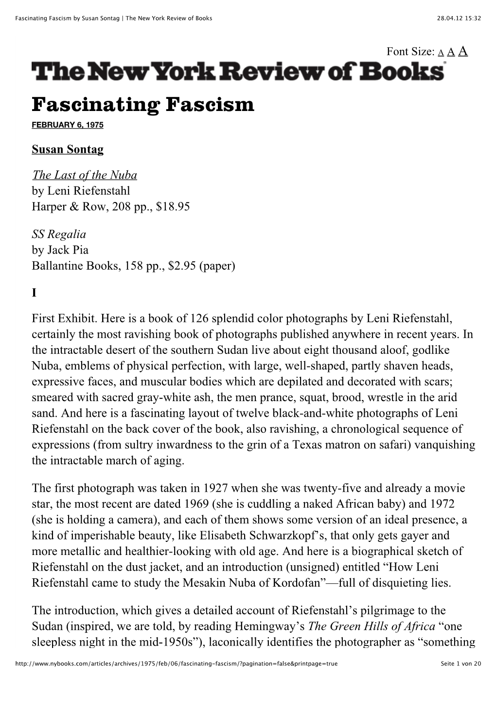 Fascinating Fascism by Susan Sontag | the New York Review of Books 28.04.12 15:32