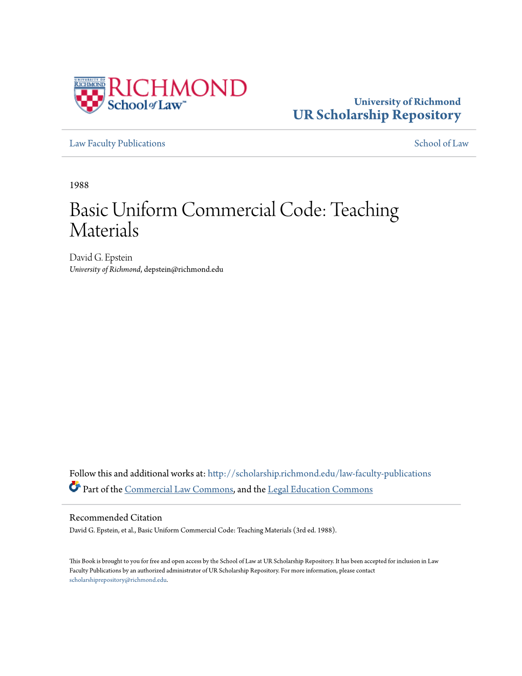 Basic Uniform Commercial Code: Teaching Materials David G