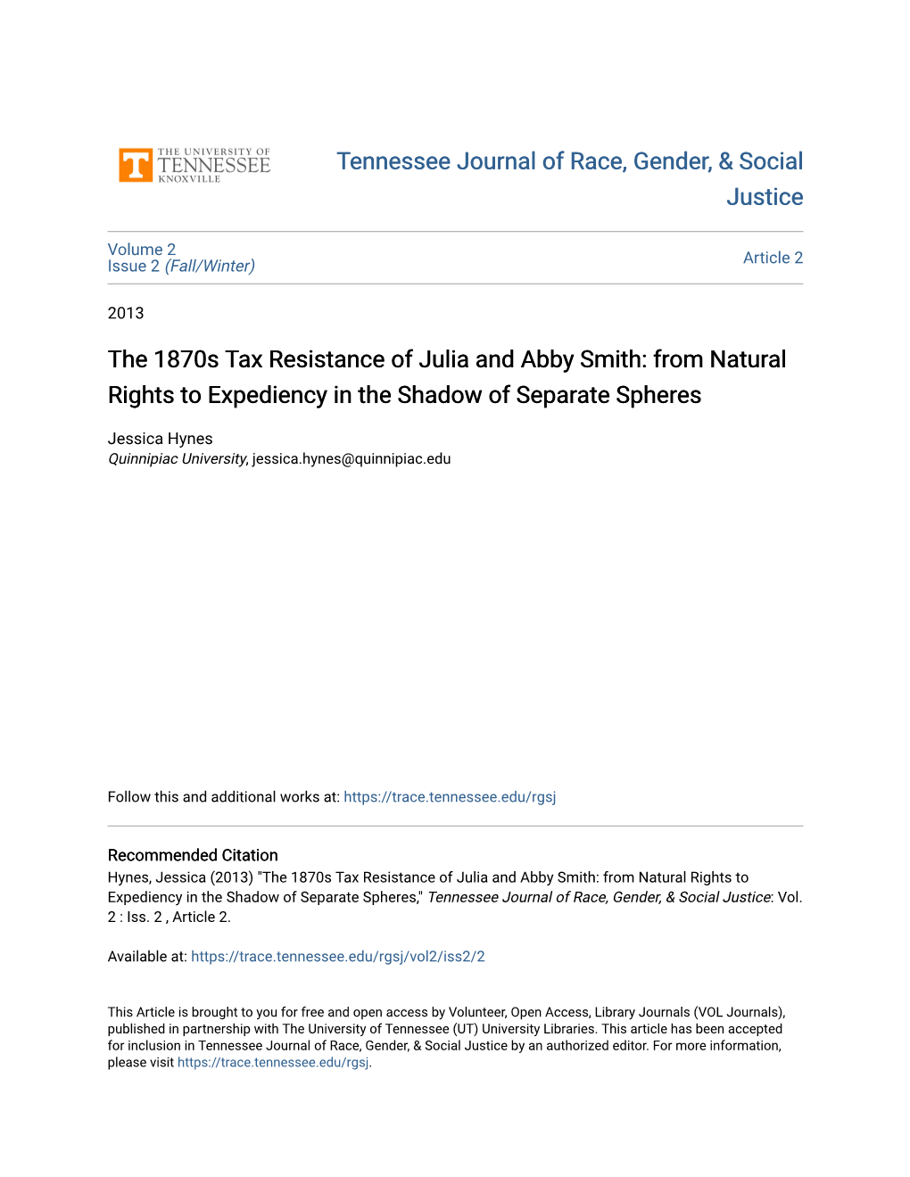 The 1870S Tax Resistance of Julia and Abby Smith: from Natural Rights to Expediency in the Shadow of Separate Spheres