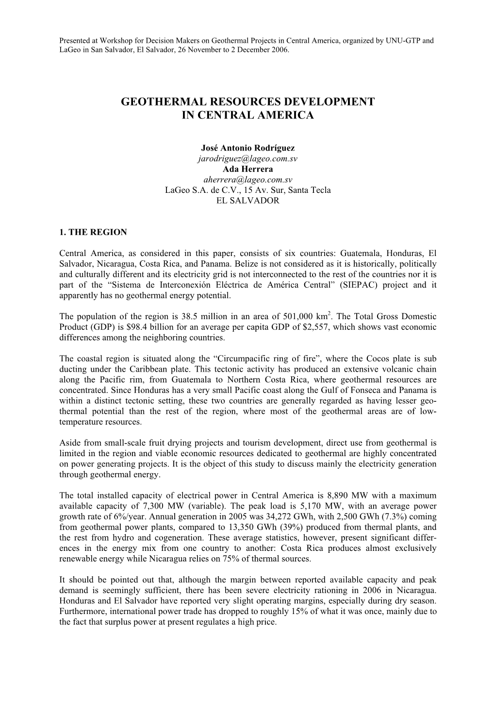 Geothermal Resources Development in Central America