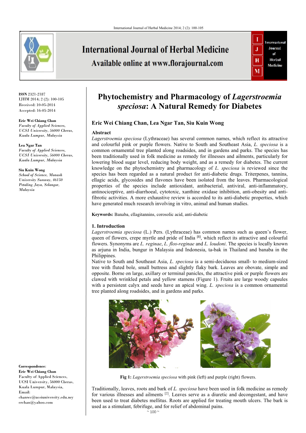 Phytochemistry and Pharmacology of Lagerstroemia Speciosa: a Natural