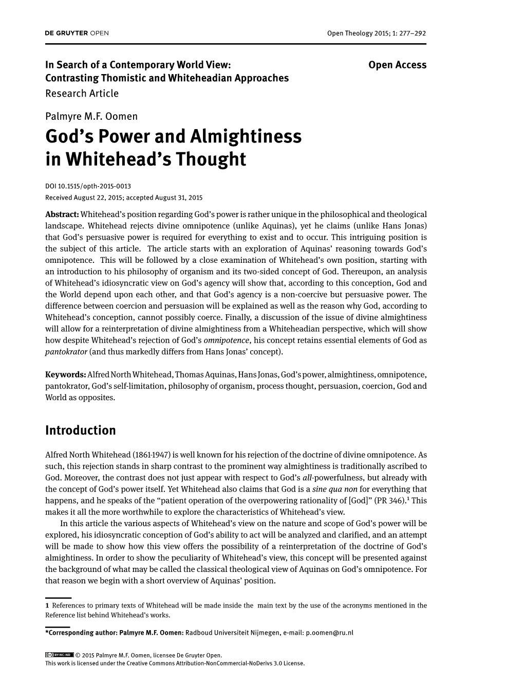 God's Power and Almightiness in Whitehead's Thought