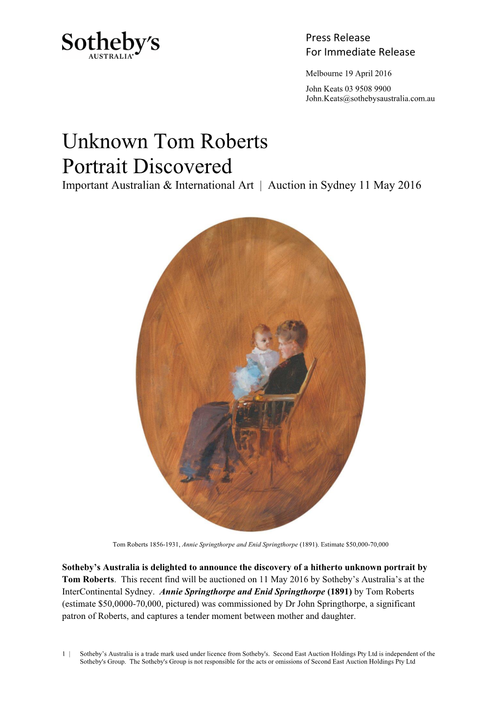 Unknown Tom Roberts Portrait Discovered Important Australian & International Art | Auction in Sydney 11 May 2016