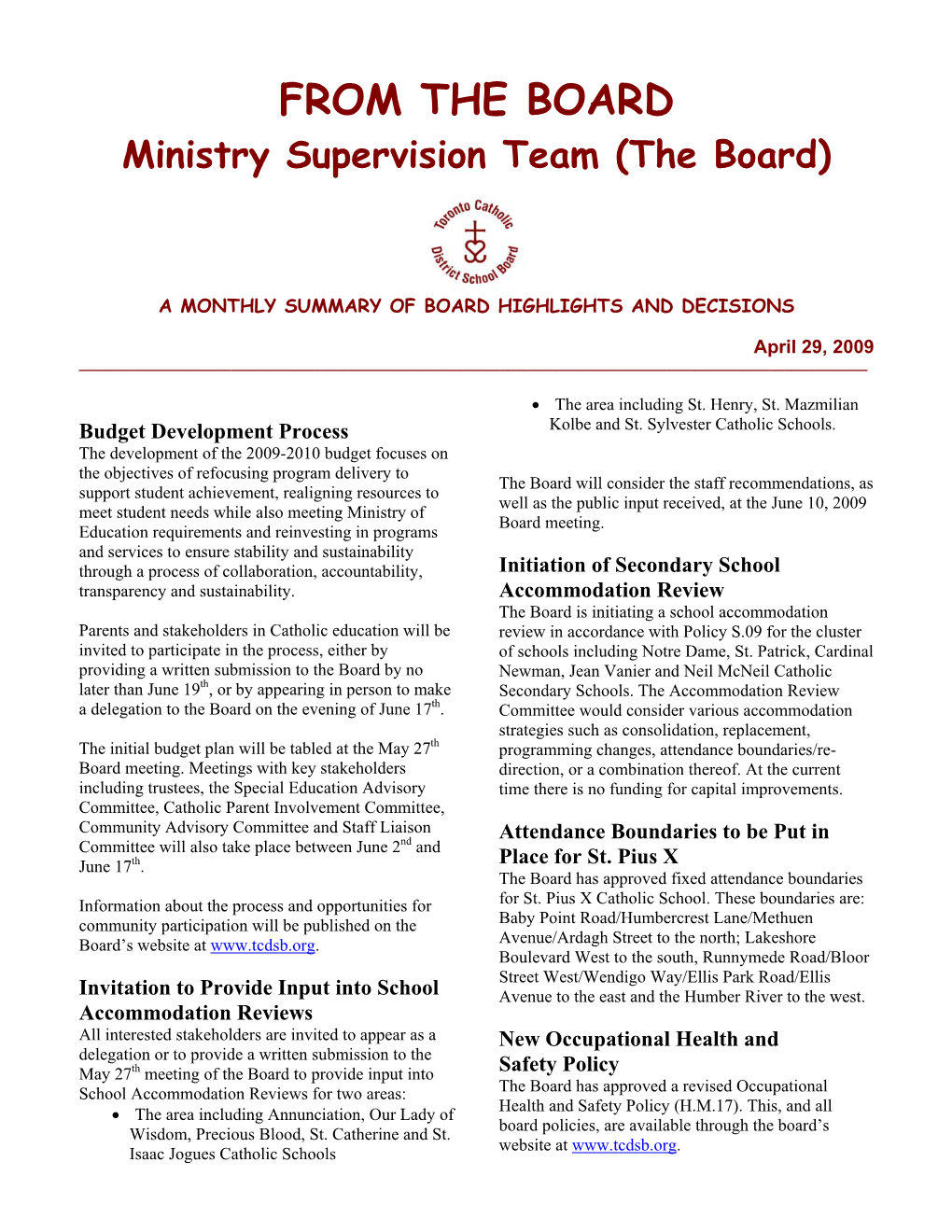 FROM the BOARD Ministry Supervision Team (The Board)