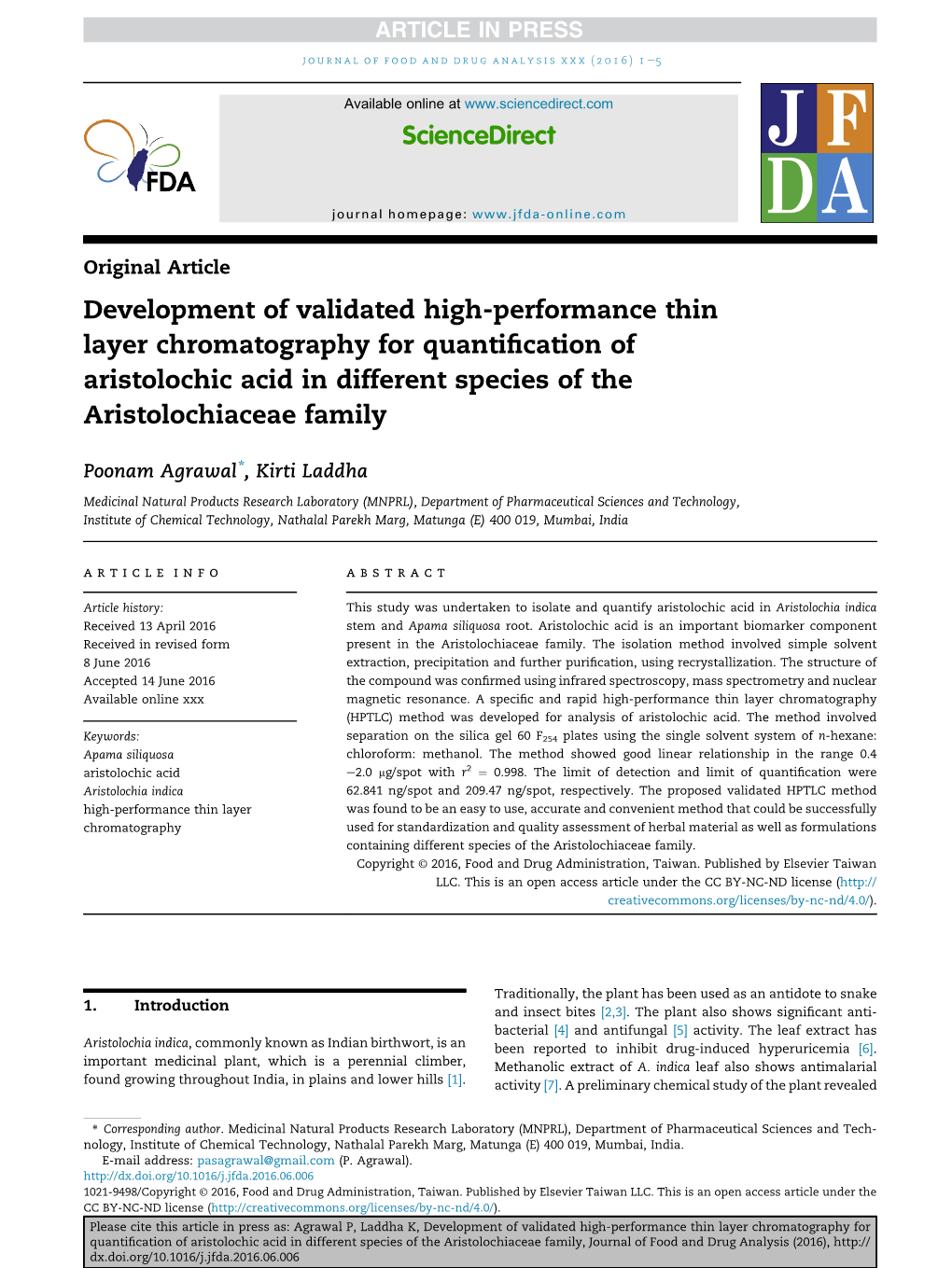 Development of Validated High-Performance Thin Layer Chromatography for Quantiﬁcation of Aristolochic Acid in Different Species of the Aristolochiaceae Family