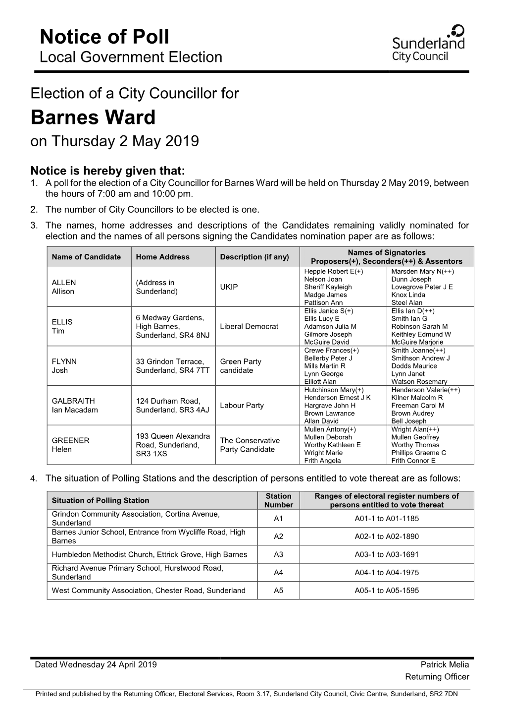 Notice of Poll Barnes Ward