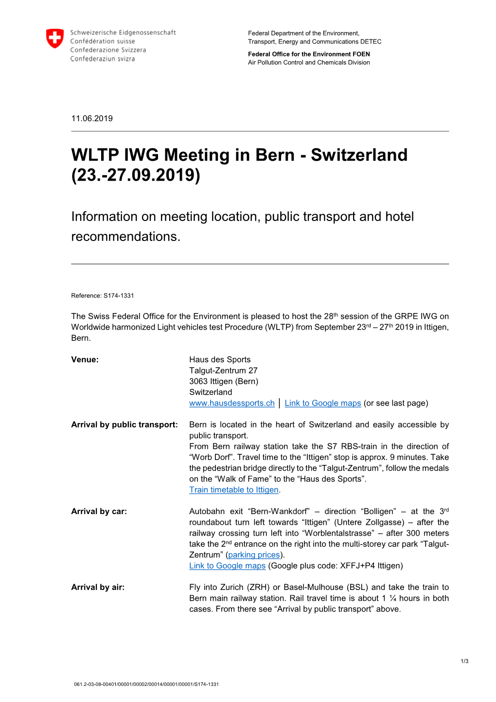 WLTP IWG Meeting in Bern - Switzerland (23.-27.09.2019)