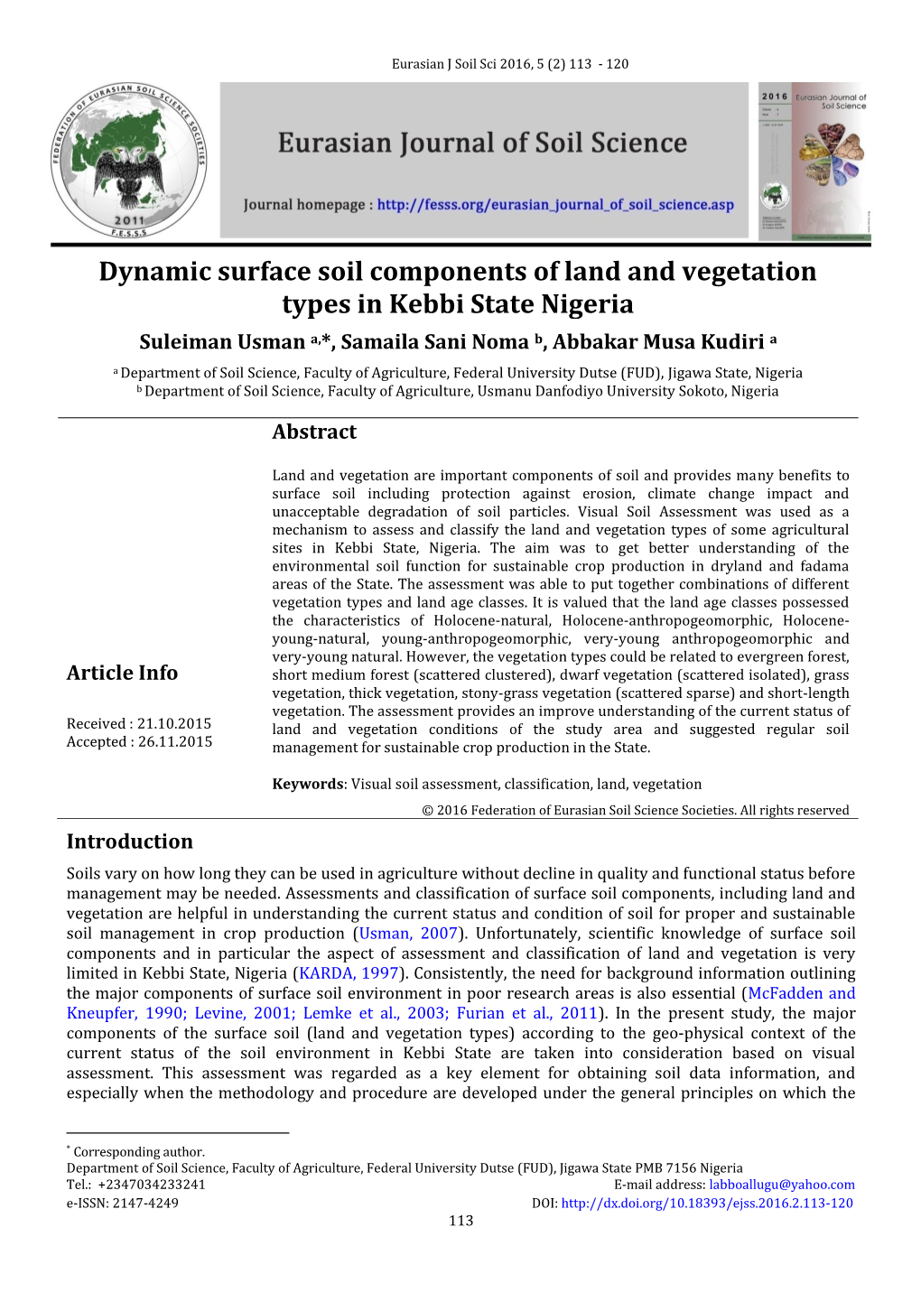 Dynamic Surface Soil Components of Land and Vegetation Types in Kebbi State Nigeria