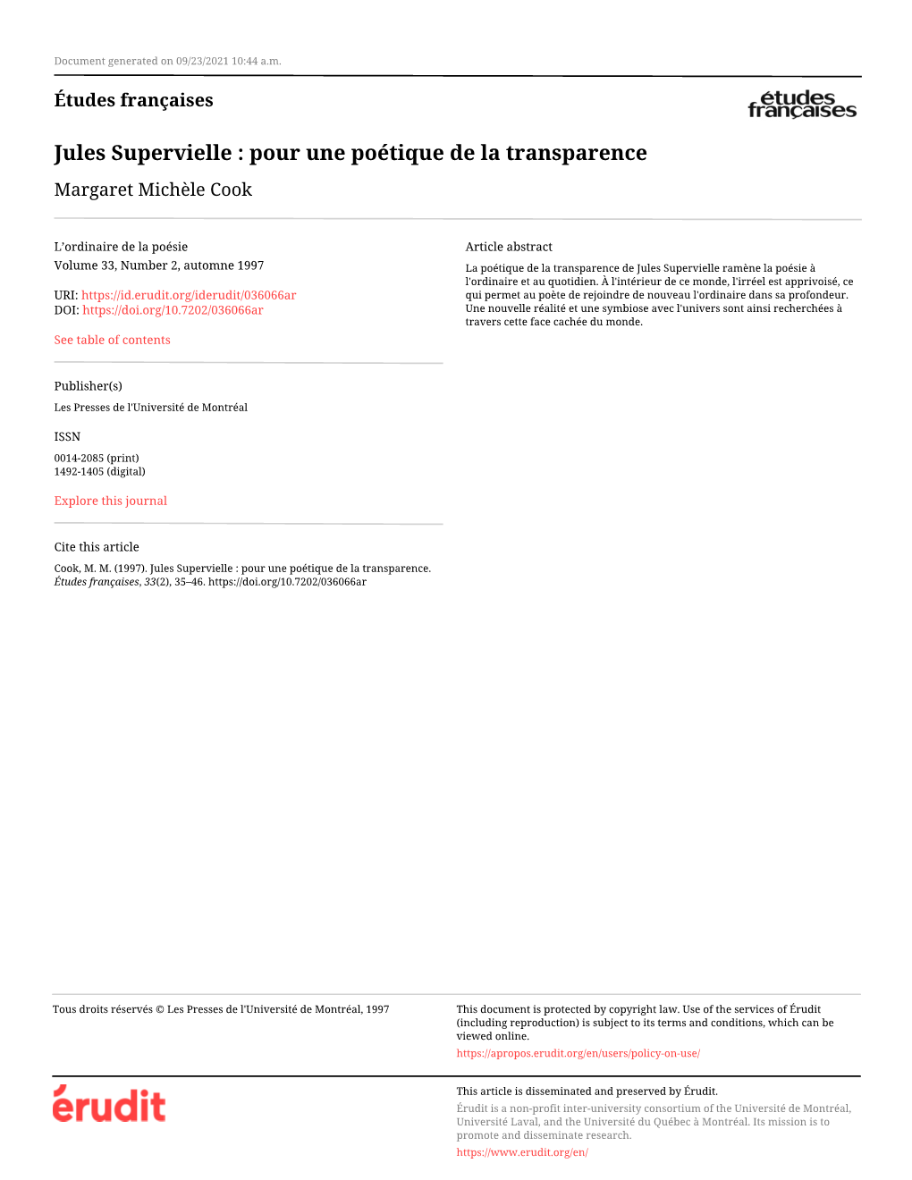 Jules Supervielle : Pour Une Poétique De La Transparence Margaret Michèle Cook