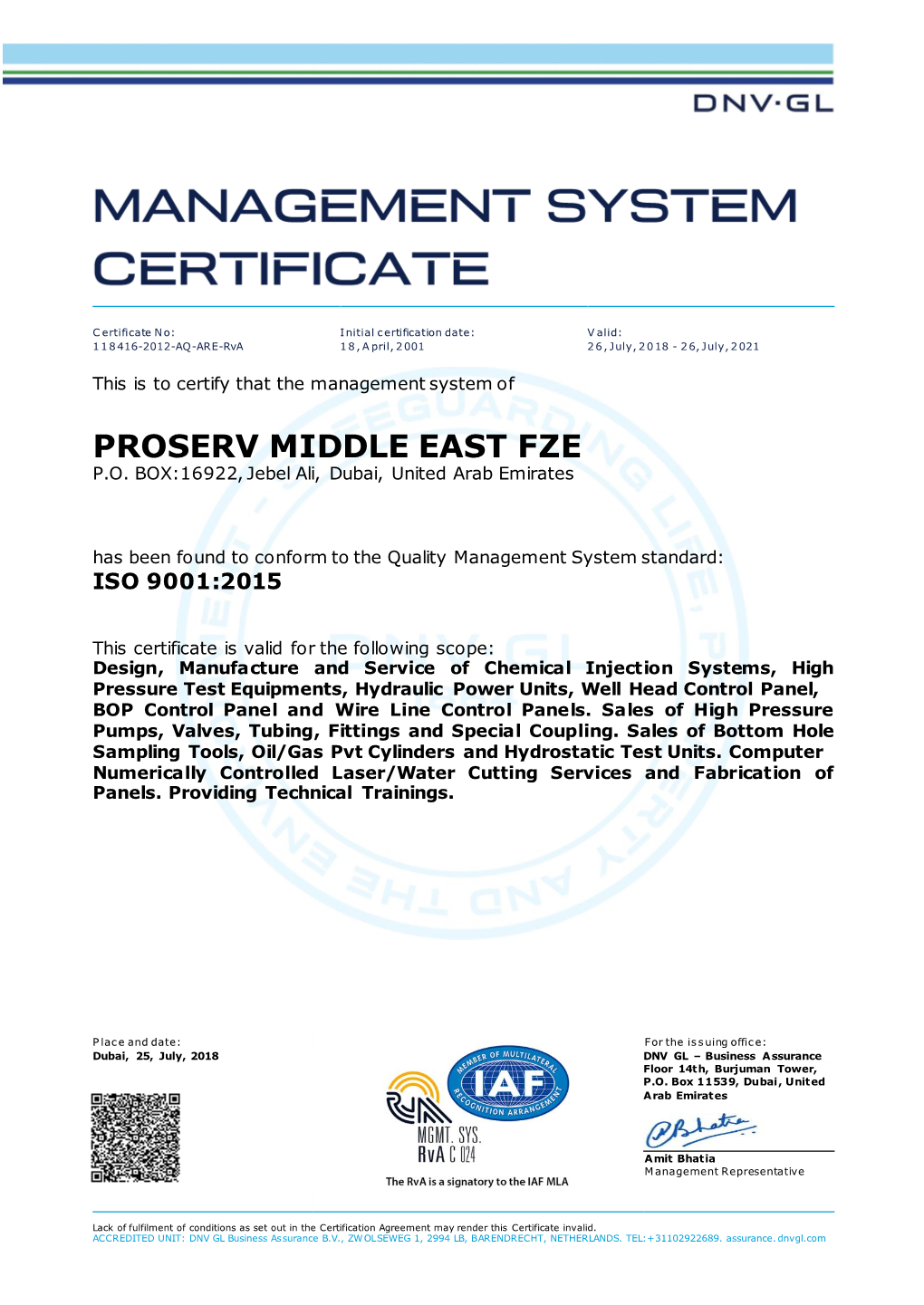 Proserv Jebel Ali ISO 9001-14001-18001 Cert of Approval