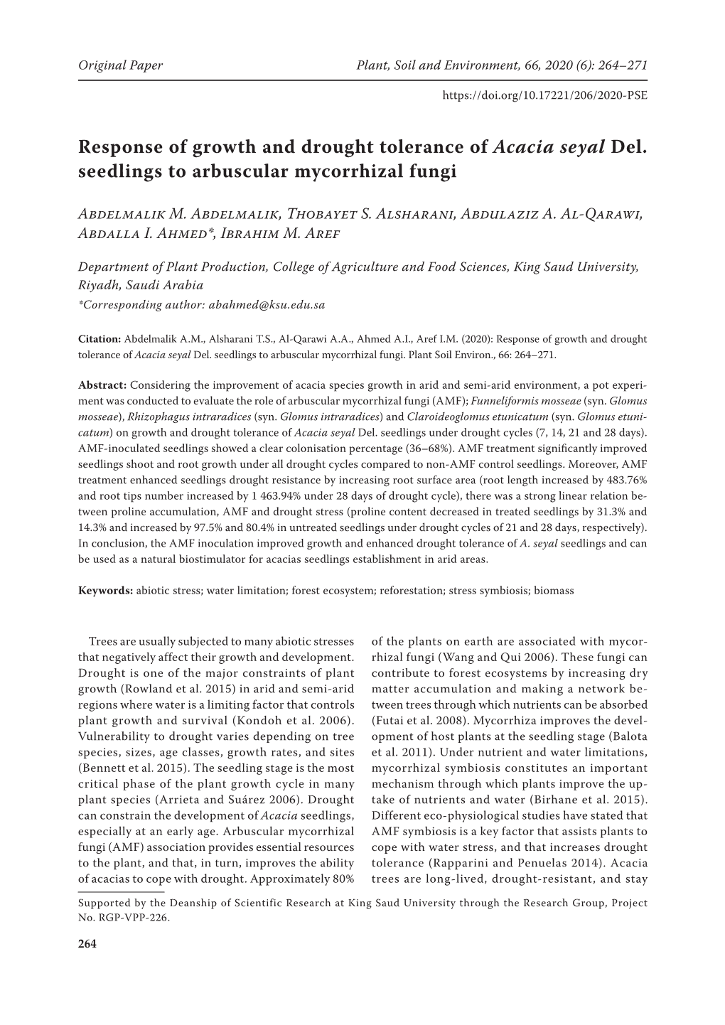 Response of Growth and Drought Tolerance of Acacia Seyal Del. Seedlings to Arbuscular Mycorrhizal Fungi