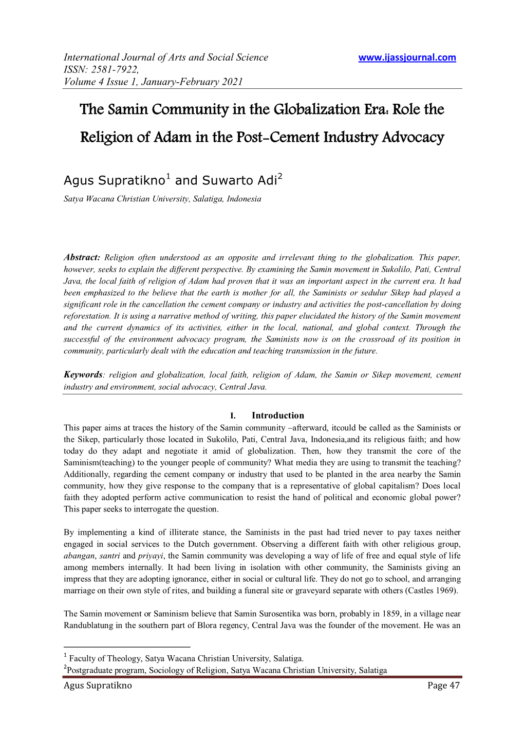 The Samin Community in the Globalization Era: Role the Religion of Adam in the Post-Cement Industry Advocacy