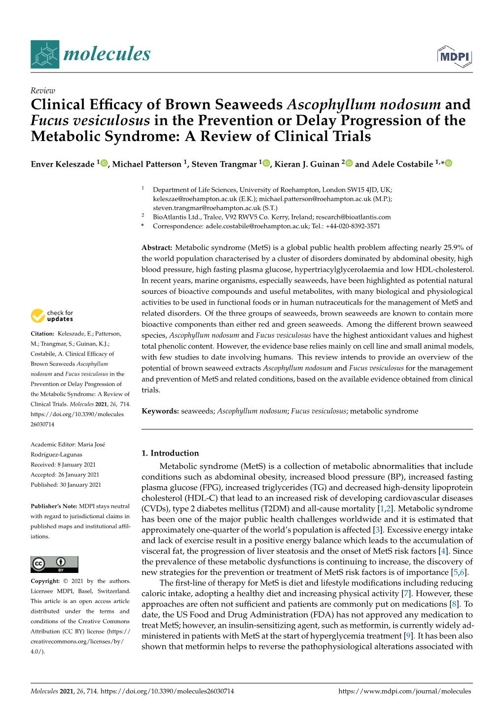 Clinical Efficacy of Brown Seaweeds Ascophyllum Nodosum and Fucus