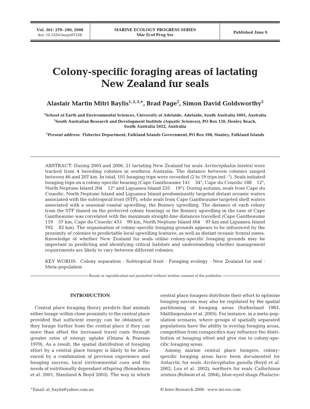 Colony-Specific Foraging Areas of Lactating New Zealand Fur Seals