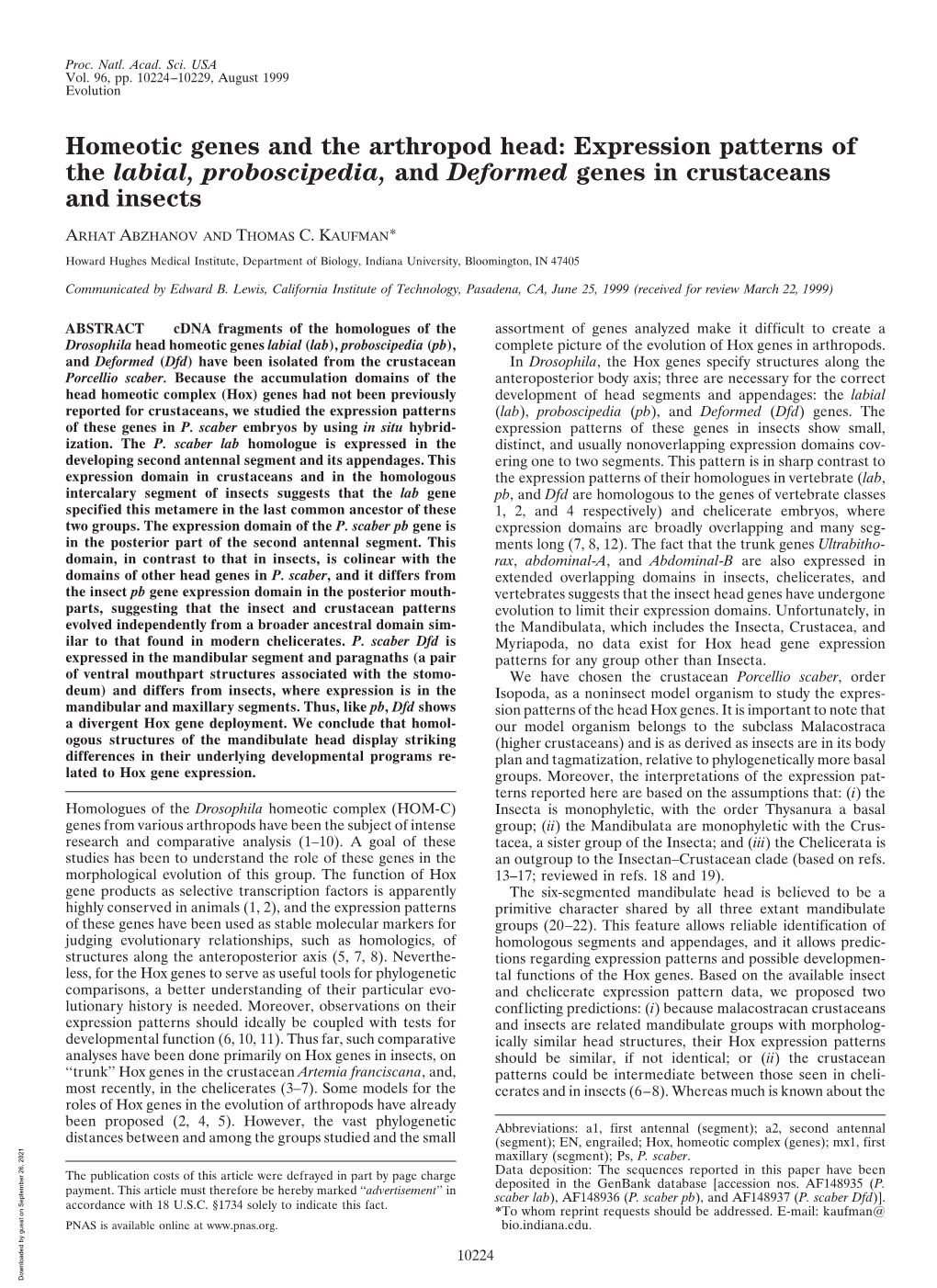 Homeotic Genes and the Arthropod Head: Expression Patterns of the Labial, Proboscipedia, and Deformed Genes in Crustaceans and Insects