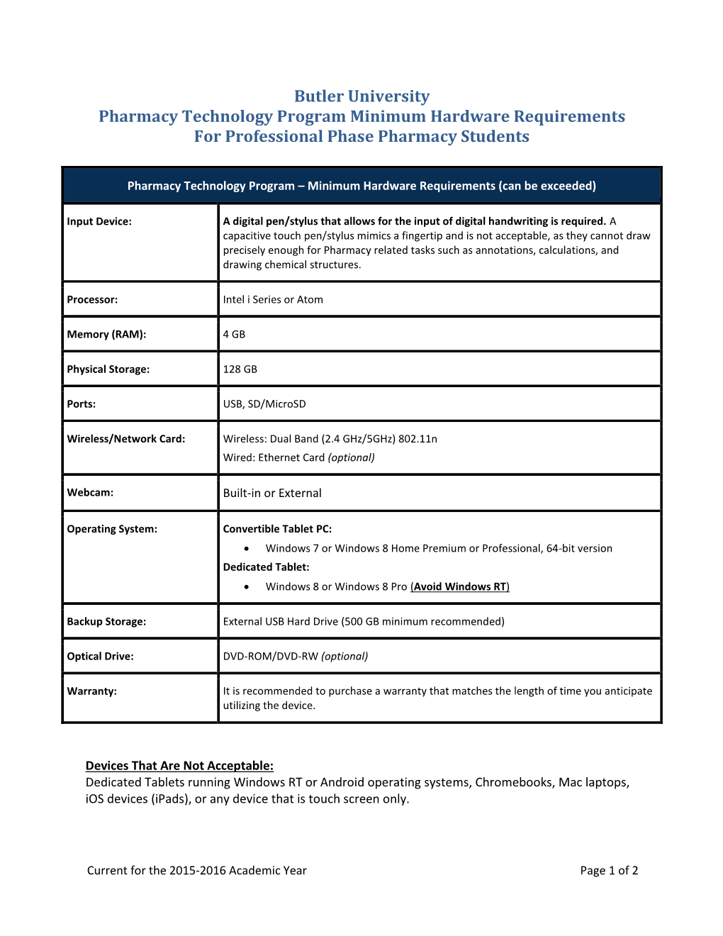 Butler University Pharmacy Technology Program Minimum Hardware Requirements for Professional Phase Pharmacy Students