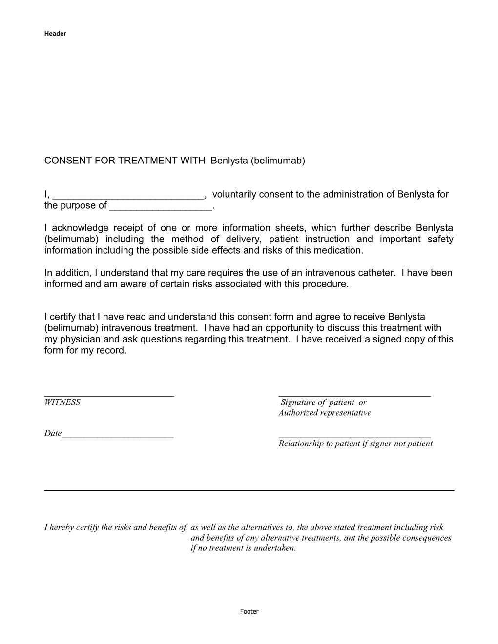 CONSENT for TREATMENT with Benlysta (Belimumab)