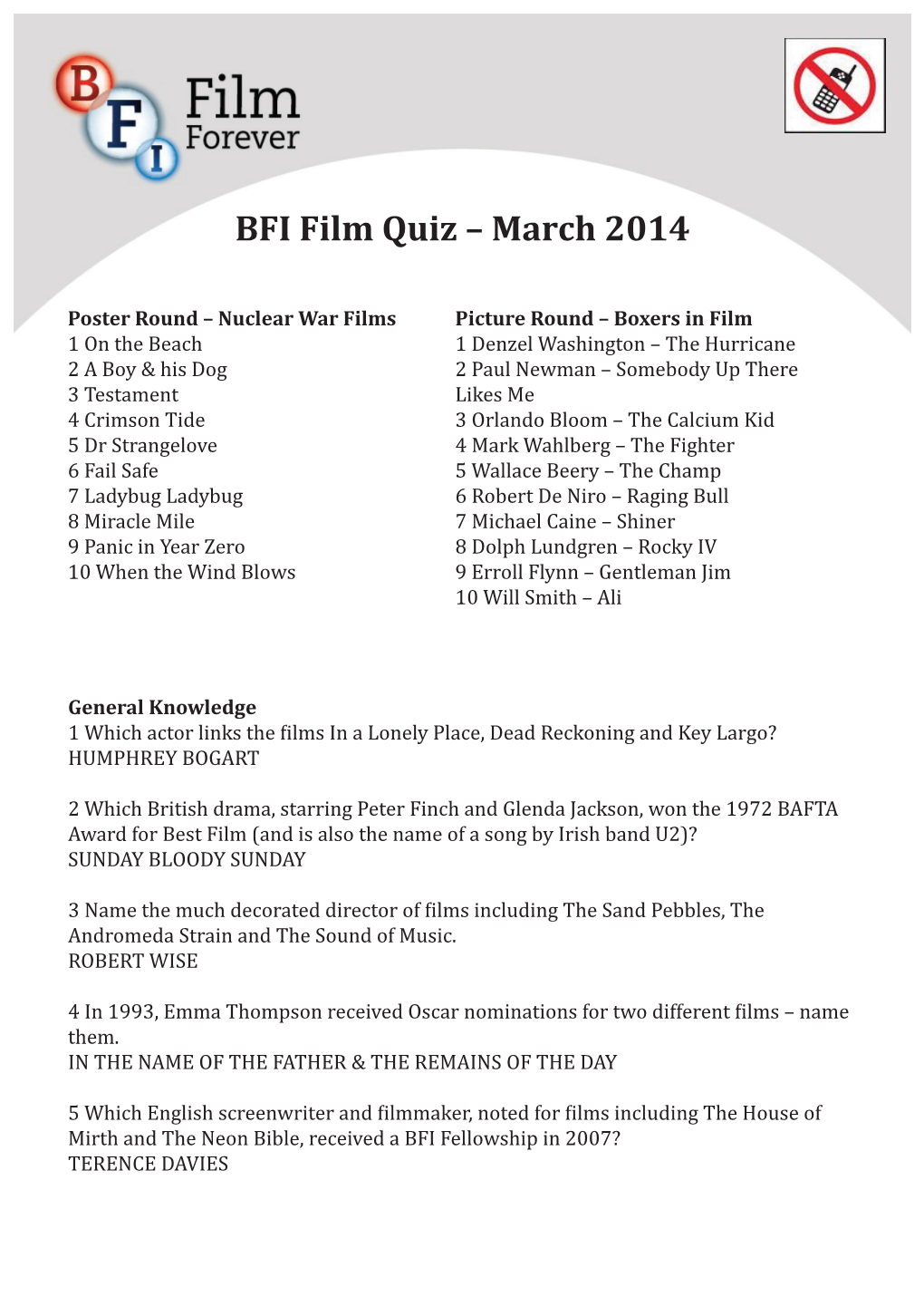 BFI Film Quiz – March 2014